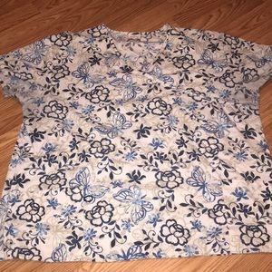 Blue and white butterfly scrub top